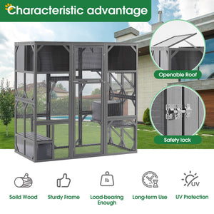 Couch.com Outdoor Wooden Cat House Catio Enclosure With Super Large Enter Door Cat Kennel With Bouncy Bridge, Platforms And Small Houses Walk In Kitten Cage With Sunshine Board Dark Gray by Couch.com