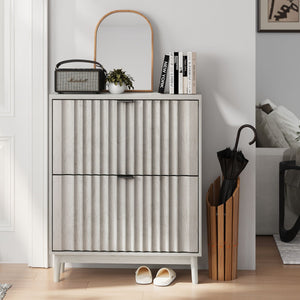Shoe Cabinet With 2 Flip Drawers, Fluted Shoe Storage Cabinet For Entryway, Free Standing Shoe Storage Organizer With Wave Doors For Heels, Boots, Slippers In Hallway, Living Room - Gray by Couch.com