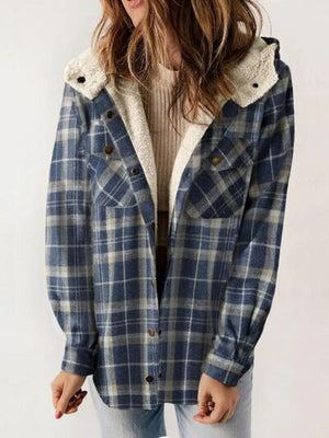 Plaid Snap Down Plush Hooded Jacket Soft & Warm Women Outerwear Cozy And Comfortable Jacket