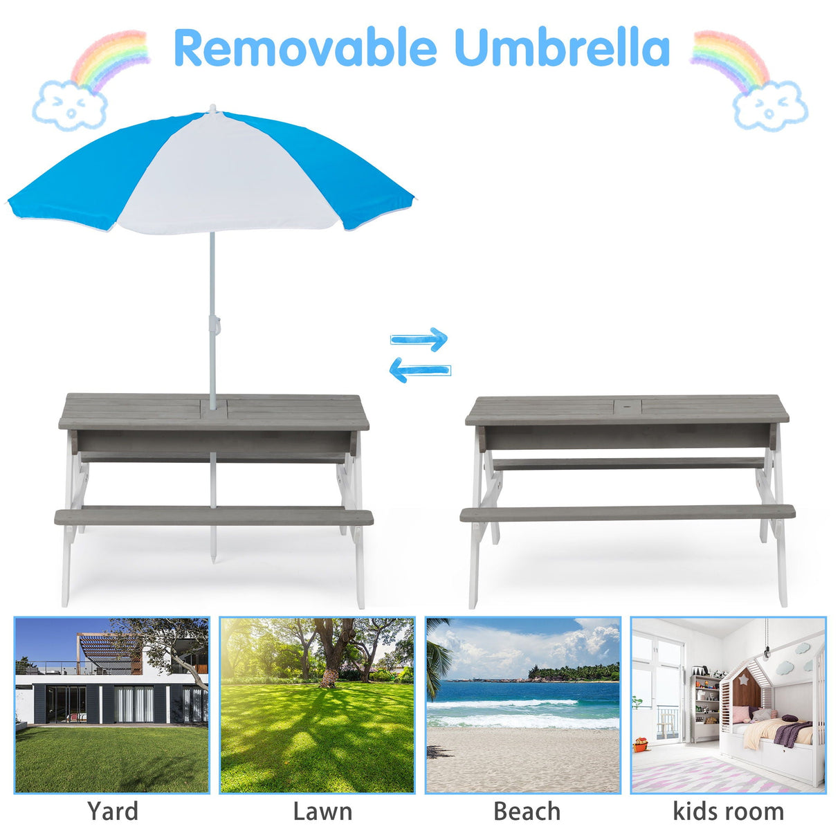 3-In-1 Kids Outdoor Wooden Picnic Table With Umbrella, Convertible Sand & Water, ASTM & CPSIA Certification by Couch.com