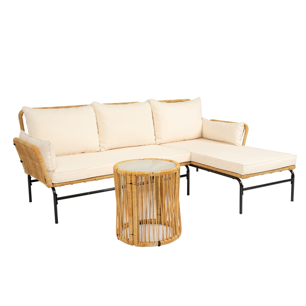 3 Pieces Outdoor Patio Wicker Furniture Sets Table And Chairs With Thick Cushion Outdoor Sofa Set Wicker And Cushion - Natural Yellow / Creme by Couch.com
