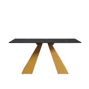 63" Modern Artificial Stone Black Straight Edge Golden Metal Leg Dining Table, 6 People - Black / Gold by Couch.com