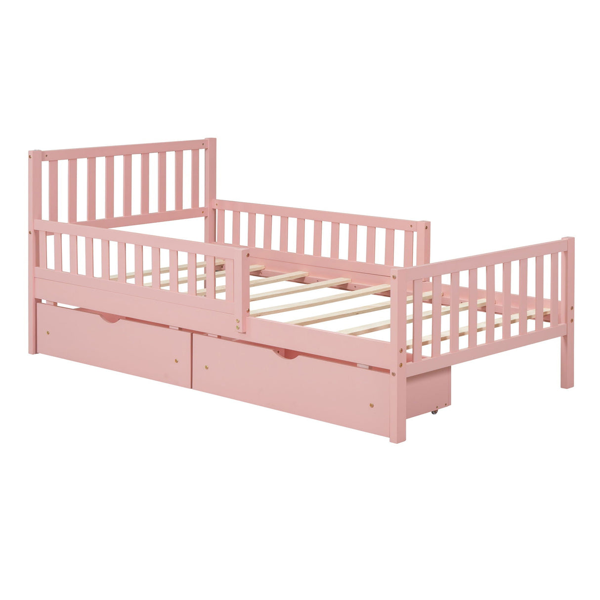 The Platform Bed features a pink wooden design with slatted headboard and footboard. It includes guardrails on both sides for safety and two under-bed storage drawers, offering a simple and modern style ideal for a child's room.