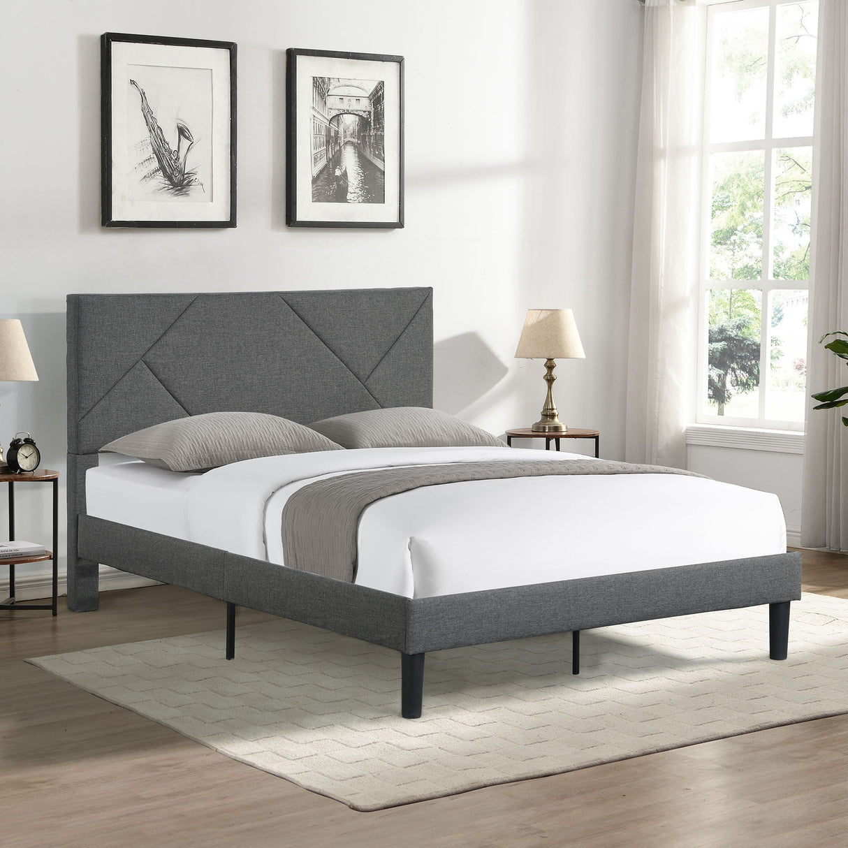 Queen Size Upholstered Platform Bed Frame With Headboard, Strong Wood Slat Support, Mattress Foundation, No Box Spring Needed - Dark Gray by Couch.com