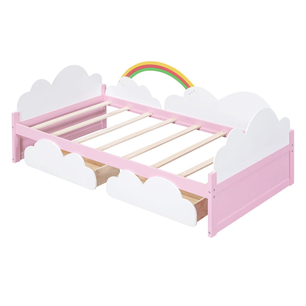 Twin Size Bed With Clouds And Rainbow Decor - Pink / White by Couch.com