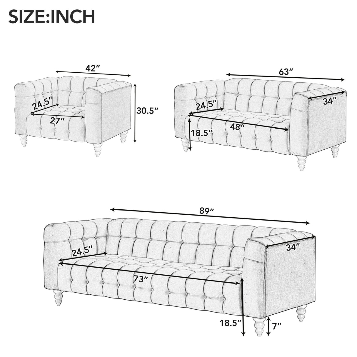 Modern Sofa Dutch Fluff Upholstered Sofa & Wood Legs, Buttoned Tufted Backrest by Couch.com