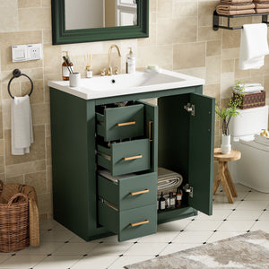 A bathroom features a Ceramic Sink Combo with a freestanding vanity set, three drawers, and soft-closing doors. The decor includes beige tiled walls, patterned white tile floors, a wicker basket, towel rack, round mirror, and toilet.