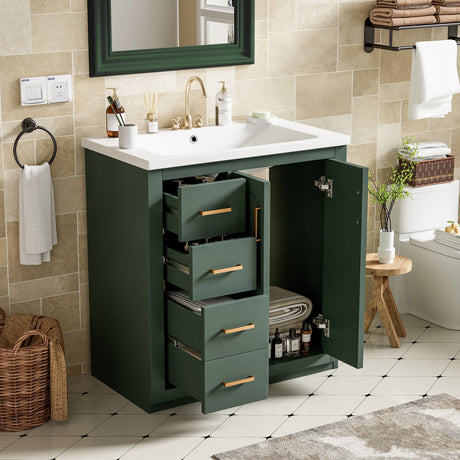 A bathroom features a Ceramic Sink Combo with a freestanding vanity set, three drawers, and soft-closing doors. The decor includes beige tiled walls, patterned white tile floors, a wicker basket, towel rack, round mirror, and toilet.