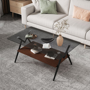Rectangle Coffee Table With Tempered Glass Top And Shelf, Modern Table For Living Room