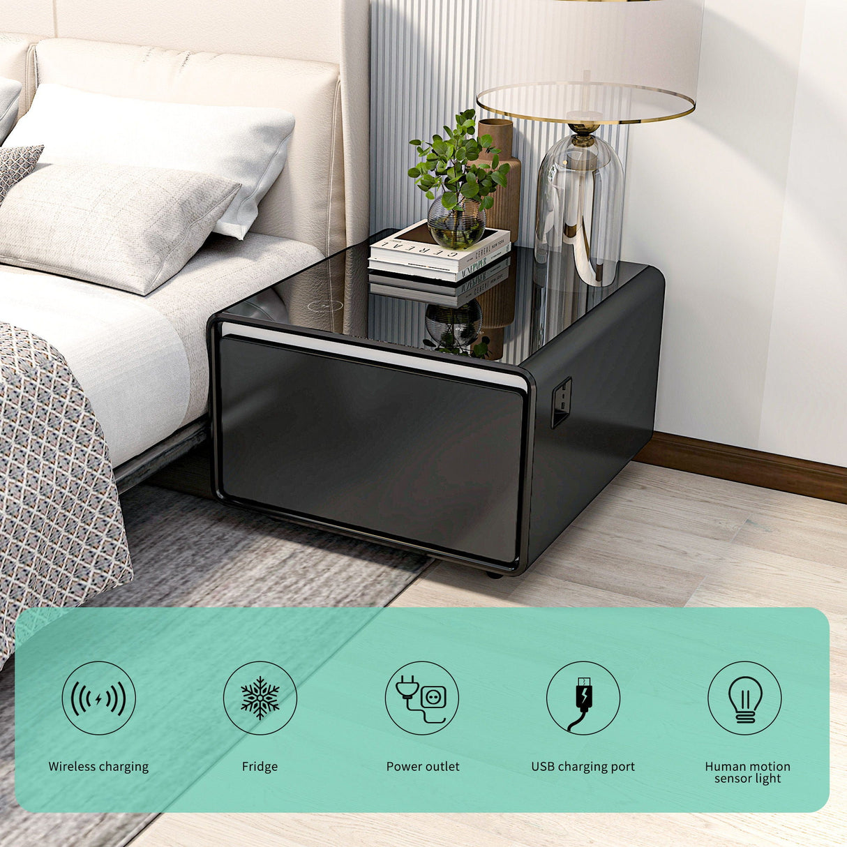 Modern Smart Side Table With Built-In Fridge, Wireless Charging, Temperature Control, Power Socket, USB Ports, Outlet Protection, Induction Light by Couch.com