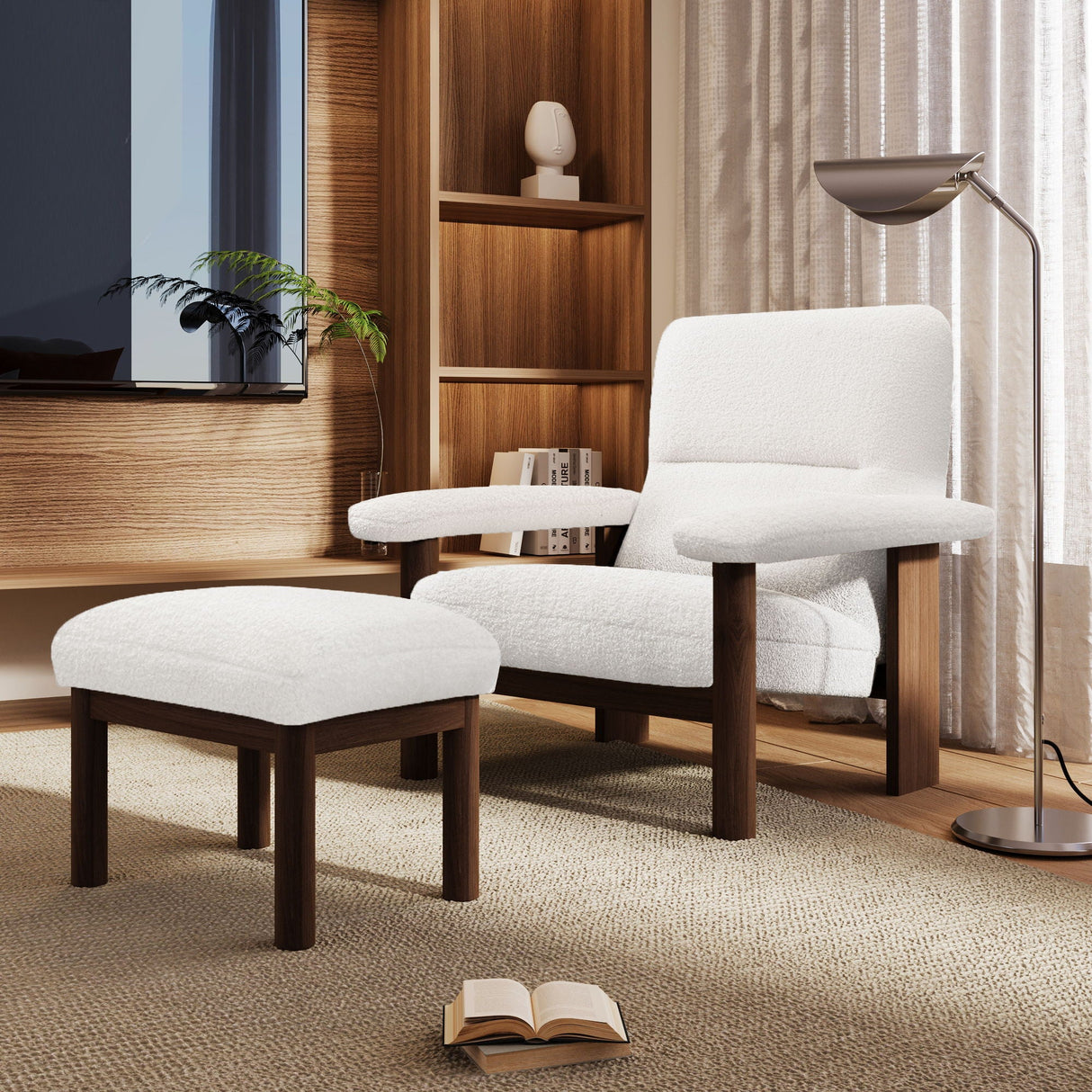 Couch.com Modern Accent Chair With Ottoman, Mid Century Lounge Chair With Footrest, Comfy Fabric Armchair Upholstered Set With Solid Wood Frame For Living Room White, Durable Design, Modern Style by Couch.com