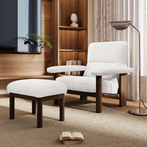 Couch.com Modern Accent Chair With Ottoman, Mid Century Lounge Chair With Footrest, Comfy Fabric Armchair Upholstered Set With Solid Wood Frame For Living Room White, Durable Design, Modern Style by Couch.com