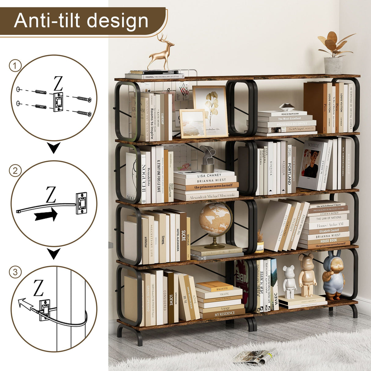 5 Tier Industrial Bookshelf, Tall Bookcase With Open Design, Vintage Storage Organizer by Couch.com