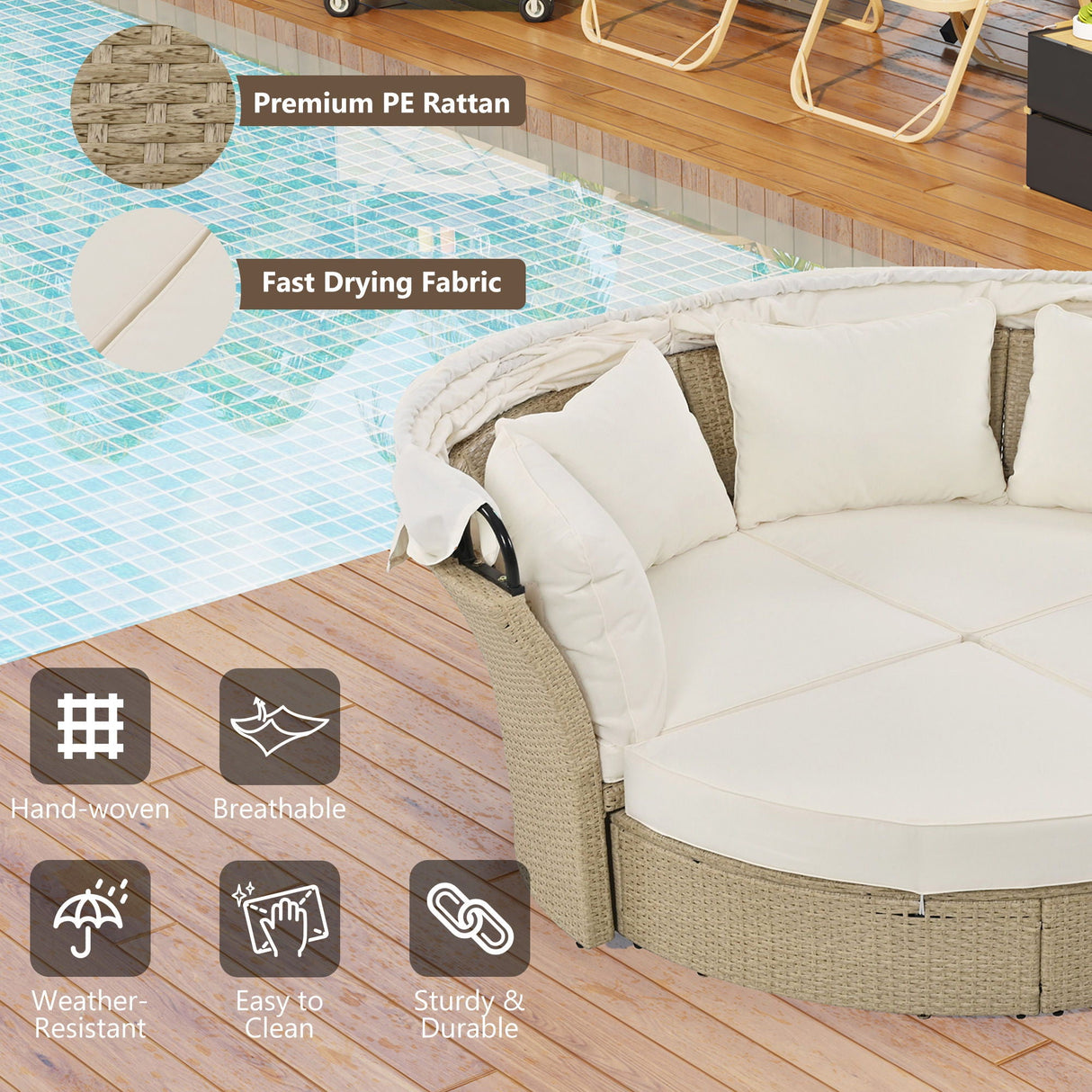 Outdoor Patio Daybed Wicker Rattan Double Daybed Round Sofa Furniture Set With Retractable Canopy, 4 Pillows For Lawn Garden by Couch.com