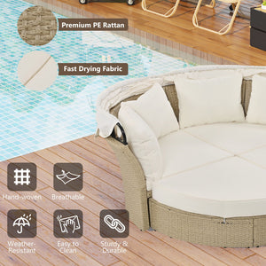 Outdoor Patio Daybed Wicker Rattan Double Daybed Round Sofa Furniture Set With Retractable Canopy, 4 Pillows For Lawn Garden by Couch.com