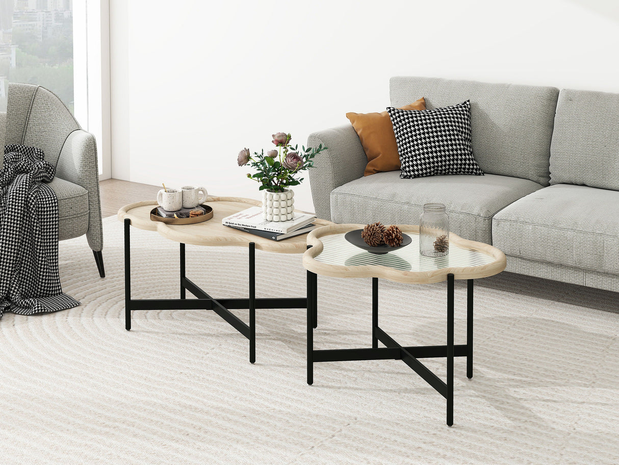 Cloud Coffee Table (Set of 2), Coffee Table, End Table With Tempered Changrainbow Glass For Living Room, Bedroom, Office, Balcony - Natural Wood by Couch.com