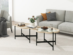 Cloud Coffee Table (Set of 2), Coffee Table, End Table With Tempered Changrainbow Glass For Living Room, Bedroom, Office, Balcony - Natural Wood by Couch.com