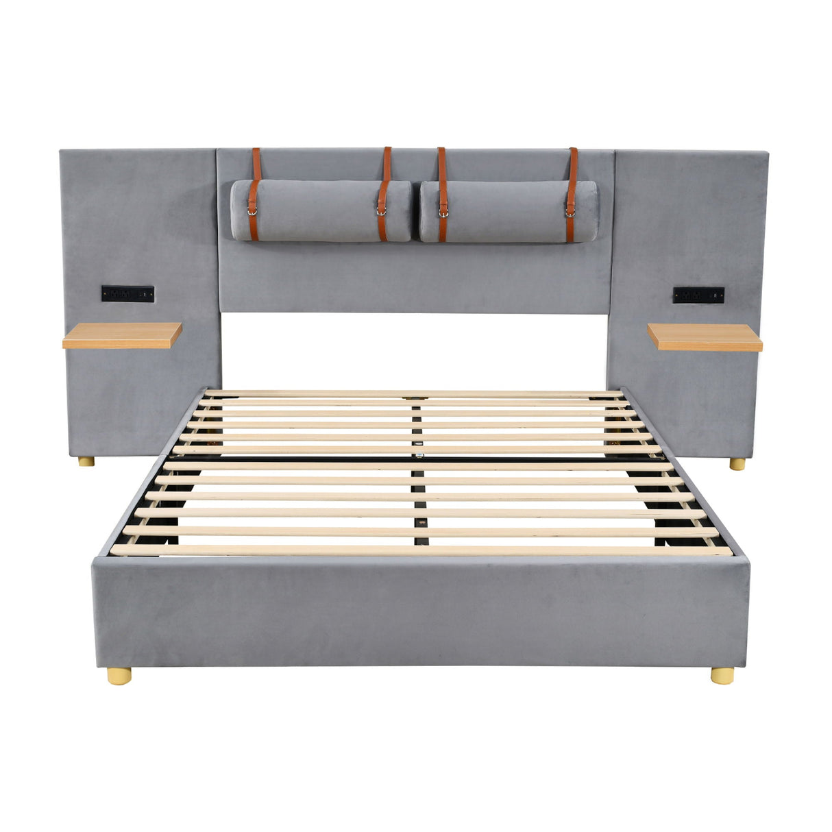 Upholstered Platform Bed, 2 Outlets And USB Charging Ports On Both Sides, 2 Bedside Pillows, Storage Shelves by Couch.com