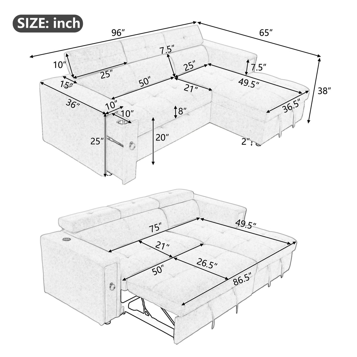 Multi-Functional Pull-Out Sofa Bed L-Shape Sectional Sofa With Adjustable Headrest, Wireless Charging, Cup Holders And Hidden Storage For Living Room by Couch.com