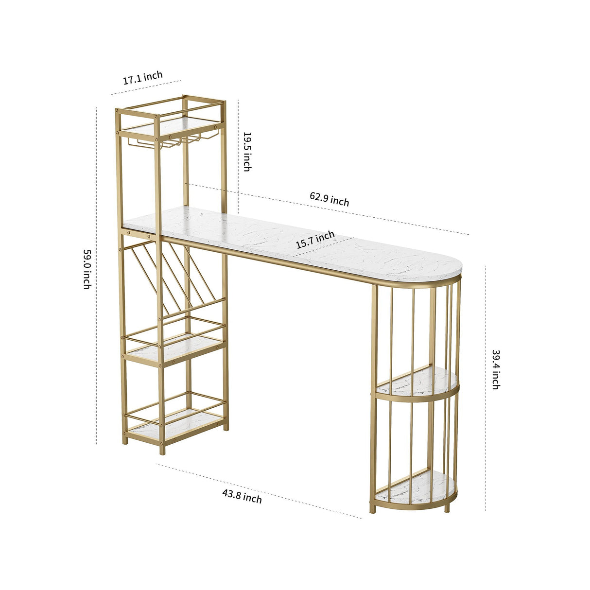 Modern White Kitchen Bar Height Dining Table Wood Breakfast Pub Table With Base With Shelves, Glass Rack, Wine Bottle Rack - White / Gold by Couch.com