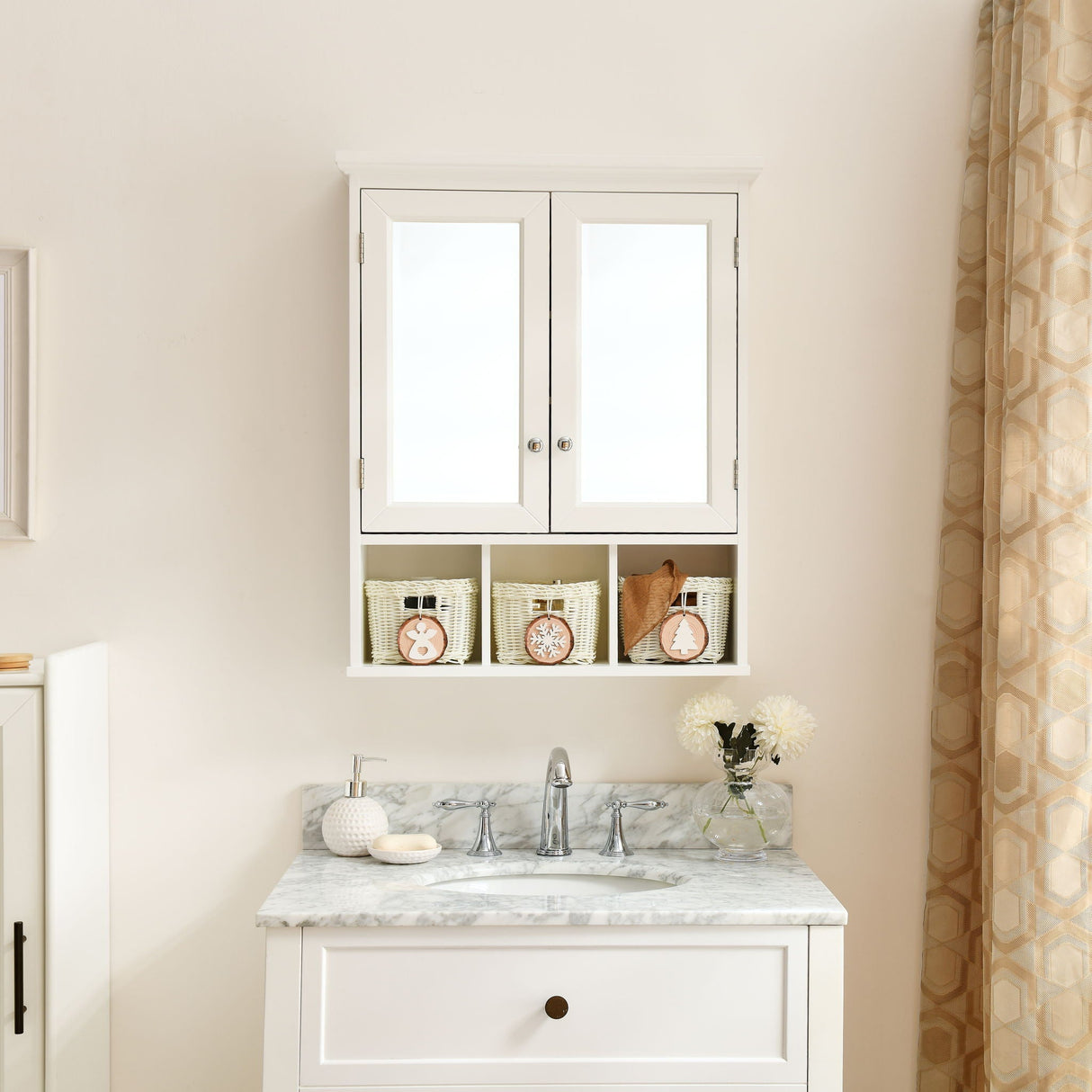 Bathroom Storage Cabinet, Medicine Cabinets For Bathroom With Mirror, 2 Doors 2 Adjustable Shelf & 3 Christmas Style Storage Basket - White