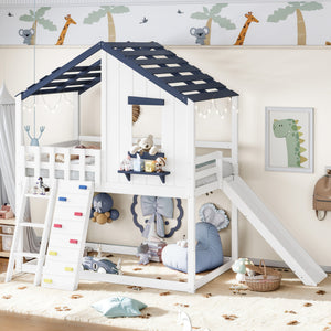 Twin Size Playhouse Loft Bed with Movable Slide, Rock Climbing and Ladder, Wood Loft Bed Frame with Roof and Window,  Various Placement Methods, Converted into Bunk Bed, White+Blue