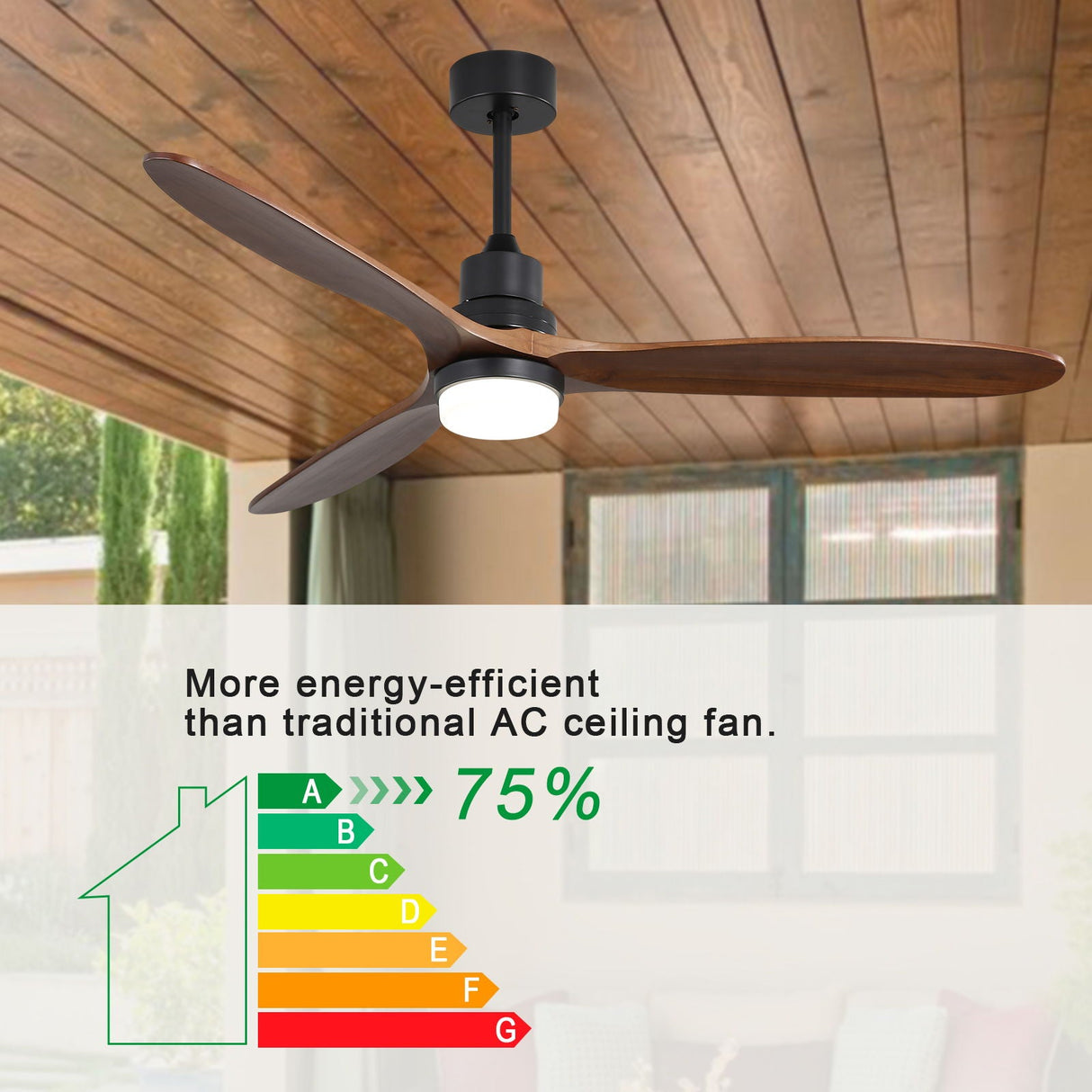 Ceiling Fan With Lights 3 Solid Wood Fan Blade Noiseless Reversible Motor Remote Control - Black by Couch.com