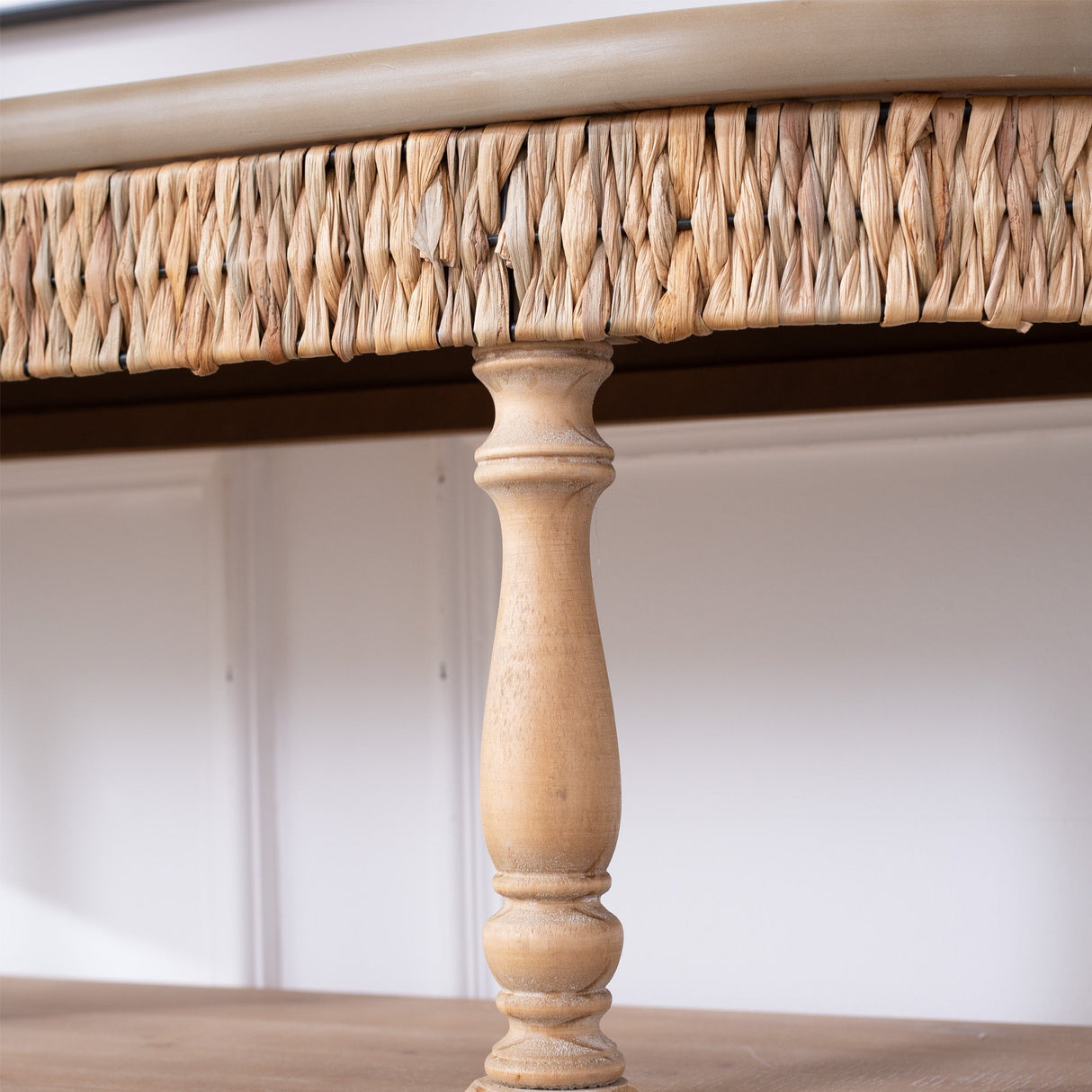 Handcrafted Wood Console Table with Hand-Woven Trim