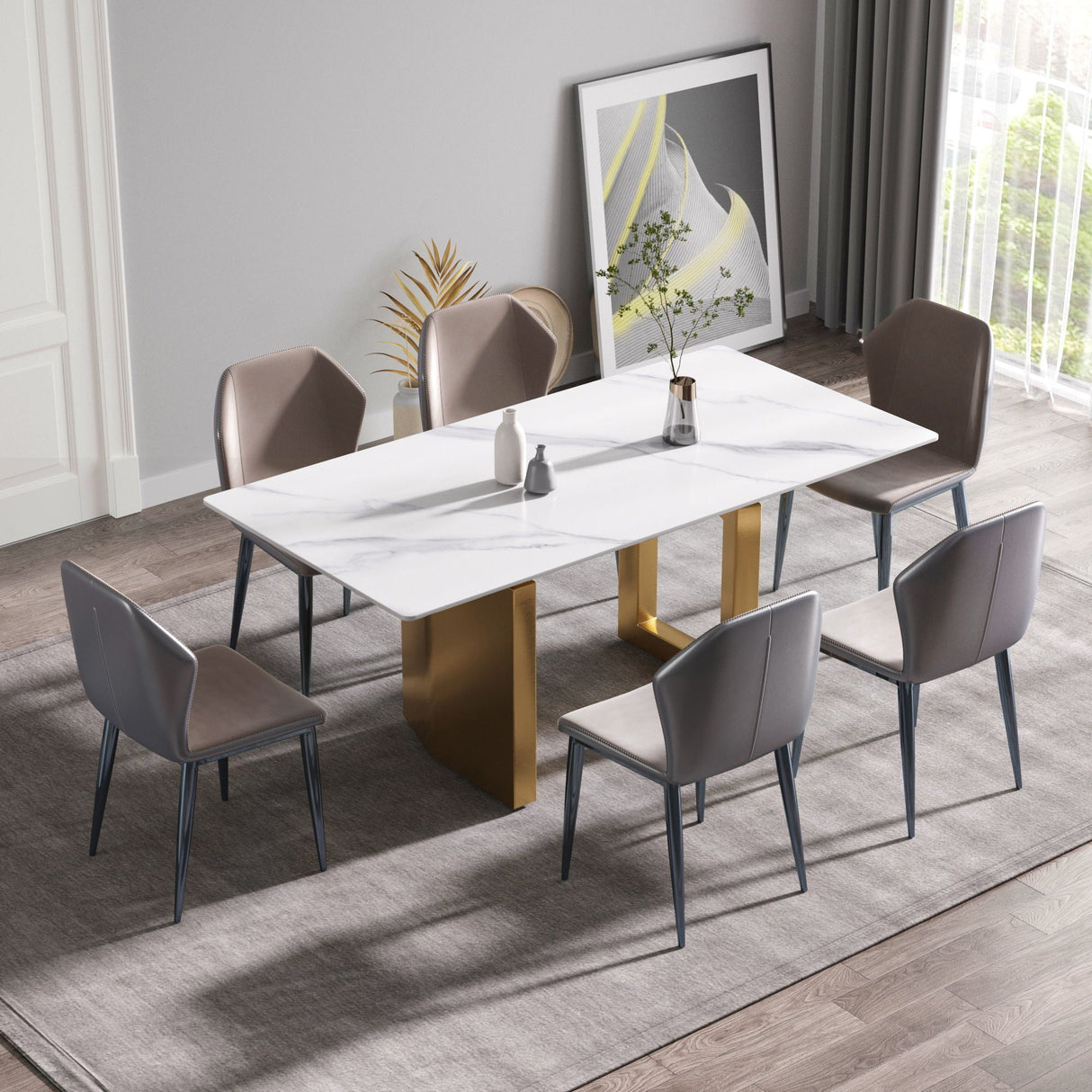 70.87" Modern Artificial Stone Straight Edge Golden Metal Leg Dining Table, Can Accommodate 6-8 People - White / Gold by Couch.com