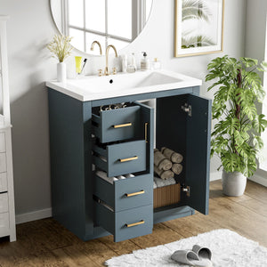 The Ceramic Sink Combo, a freestanding vanity set with 3 drawers and soft-closing doors, features a modern design with an open cabinet. It includes a white sink, gold faucet, round mirror, and a plant on the right. Natural light from the window highlights the wooden floor.