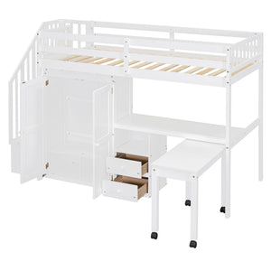 Loft Bed With Stairs, Bookshelf, Drawers, Desk & Wardrobe, Space Saving Multifunctional Furniture by Couch.com