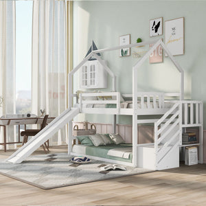 Twin Over Twin House Bunk Bed With Convertible Slide, Storage Staircase by Couch.com