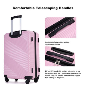 Lightweight pink hard-shell suitcase with a telescoping handle, textured design, side and top handles. Includes two hooks for hanging items and two bottom soakers to prevent ground rubbing. Part of a 3-piece luggage set with spinner wheels.