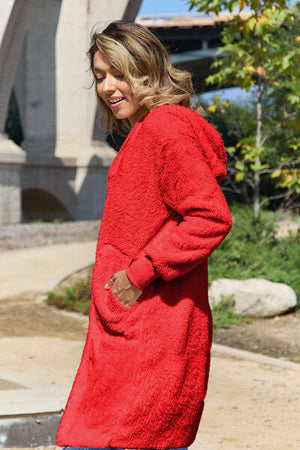 Red Double Take Full Size Hooded Teddy Bear Jacket with Thumbholes Ultra-Cozy & Stylish Comfortable Outerwear