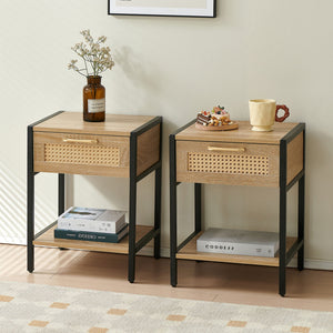 15.74" Rattan End Table With Drawer, Modern Nightstand, Metal Legs, Side Table For Living Room, Bedroom by Couch.com