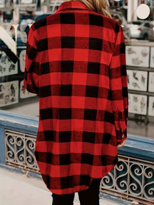 Deep Red Plaid Collared Neck Snap-Down Long Sleeve Jacket – Classic & Trendy Outerwear with Pockets