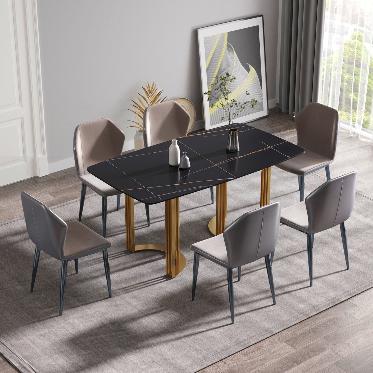 63" Modern Artificial Stone Curved Golden Metal Leg Dining Table, 6 People - Black / Gold by Couch.com