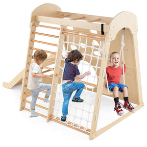 8-in-1 Indoor Jungle Gym Wooden Playground with Swing and Climbing Wall-Natural