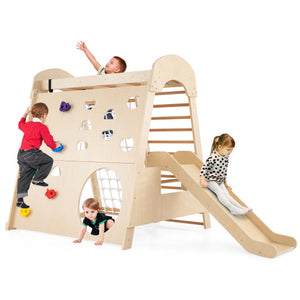 8-in-1 Indoor Jungle Gym Wooden Playground with Swing and Climbing Wall-Natural