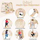 8-in-1 Indoor Jungle Gym Wooden Playground with Swing and Climbing Wall-Natural