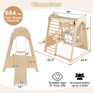 8-in-1 Indoor Jungle Gym Wooden Playground with Swing and Climbing Wall-Natural