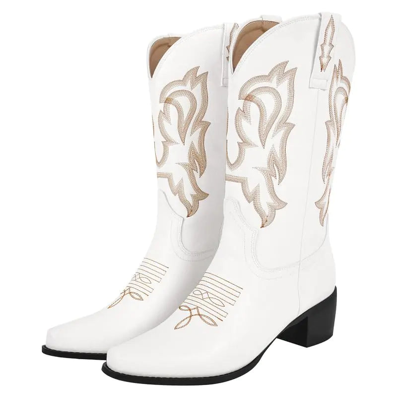 richealnini Western Boots Cowboy Cowgirl Boots with Block Heels Sexy Heels for Women Pull On Embroidered Wide Calf Boots Wedding Shoes White Size 9