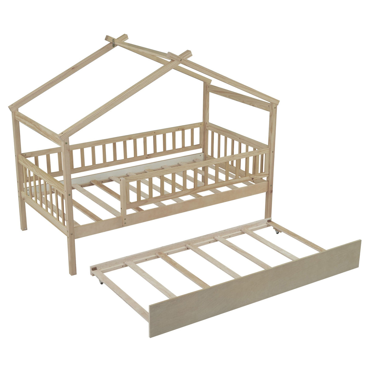 The Creativity House Bed features a wooden house-shaped frame with a roof-like design and slatted sides, perfect for a child's room. It includes a twin-size trundle shown separately in front of the bed.