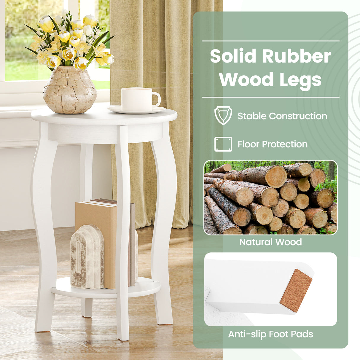 Set of 2 15 Inch 2-Tier Round End Table with Storage Shelf-White
