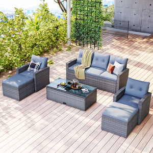 All-Weather Wicker PE Rattan Patio Outdoor Dining Conversation Sectional Set With Coffee Table, Wicker Sofas, Ottomans, Removable Cushions by Couch.com