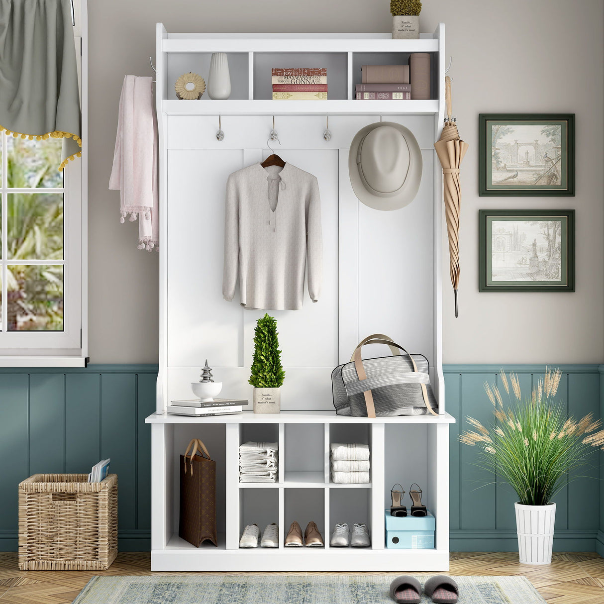 Hall Tree With 6 Hooks, Coat Hanger, Entryway Bench, Storage Bench, 3 In 1 Design, For Entrance, Hallway by Couch.com