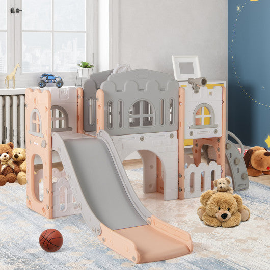 All-in-1 Toddler Slide Playset Playground with Tunnel and Ladder and Basketball-Pink