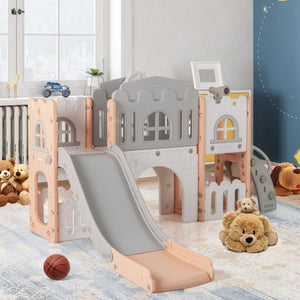 All-in-1 Toddler Slide Playset Playground with Tunnel and Ladder and Basketball-Pink