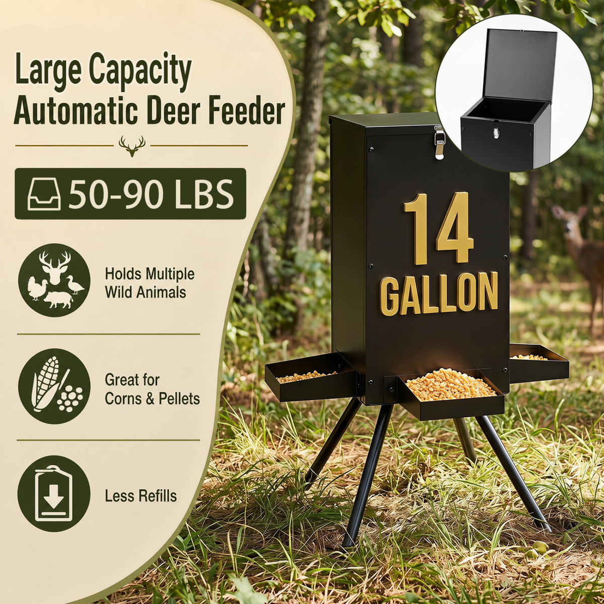 90LB Gravity Deer Feeder with 4 Feeding Trays and 4-Leg Stand-Black