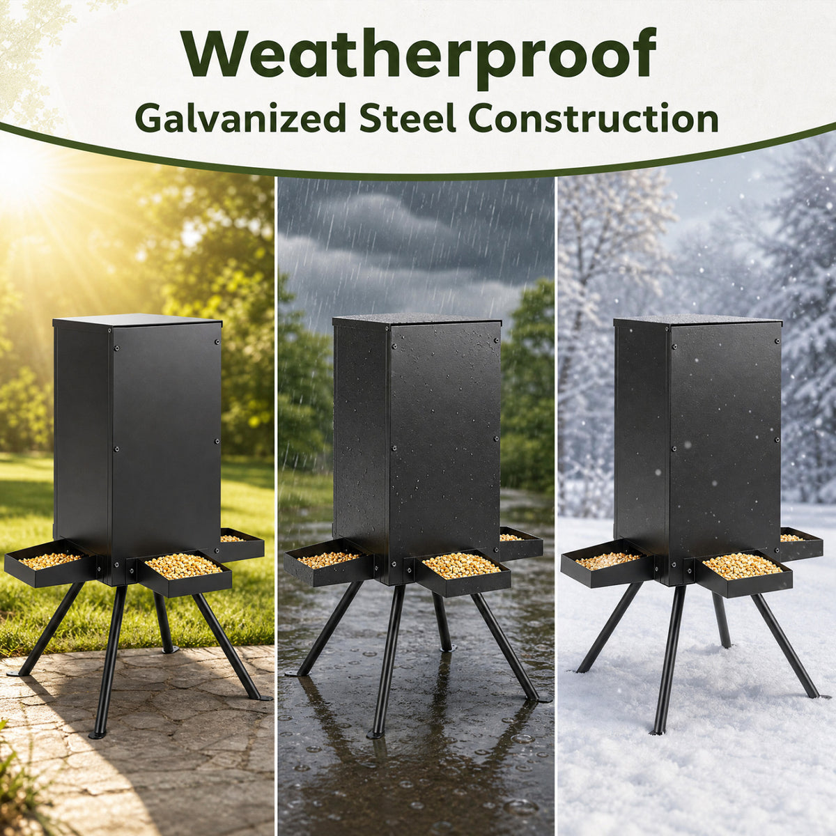 90LB Gravity Deer Feeder with 4 Feeding Trays and 4-Leg Stand-Black